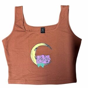 SHEIN Rust Crop Tank with Moon & Pink Rose Graphic